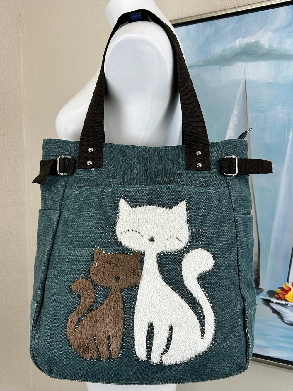 Kaukko 2 Cat Shoulder Tote - Green Washed Canvas